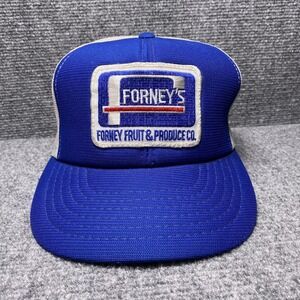 VINTAGE Forney's Hat Cap Snap Back Blue White Trucker Patch Advertising Mens 80s